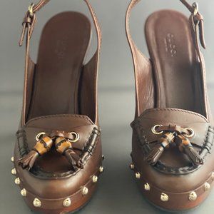 Gucci Bamboo Tassel Leather Loafers Pumps Cognac